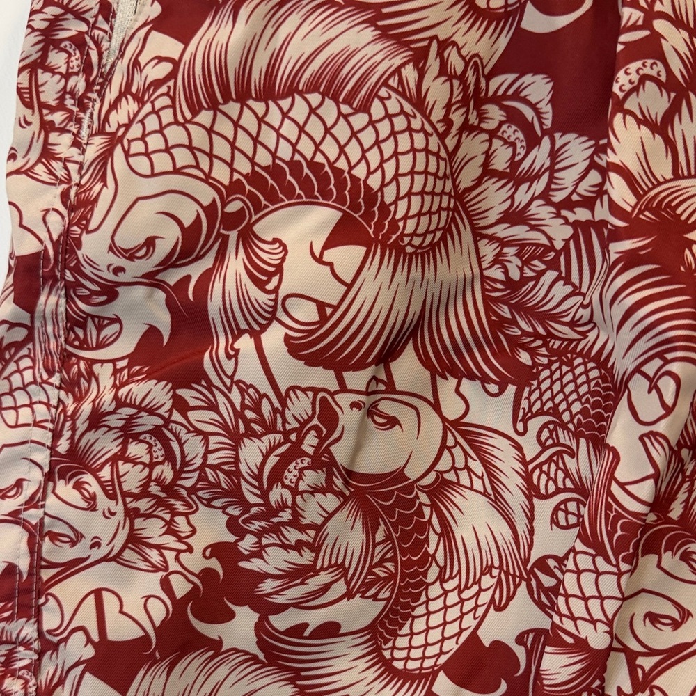 Red Koi-Print Flat Front Men's Shorts with Drawstring - Picture 2 of 5